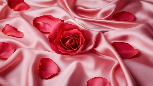 Vibrant red rose petals scattered across luxurious pink satin fabric. Evocative of romance, passion, and luxury.