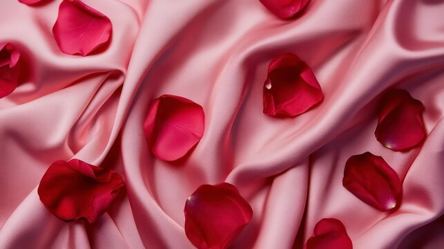 Vibrant red rose petals scattered across luxurious pink satin fabric. Evocative of romance, passion, and luxury.