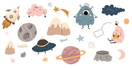 collection of planets, stars in boho style for kids. Vector illustration. kids and space. set of space illustrations for children's room