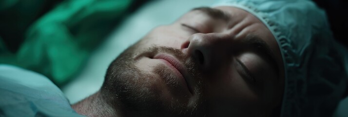A calm scene of a man lying still in a medical environment, preparing for surgery, emphasizing vulnerability and the importance of health and medical care.