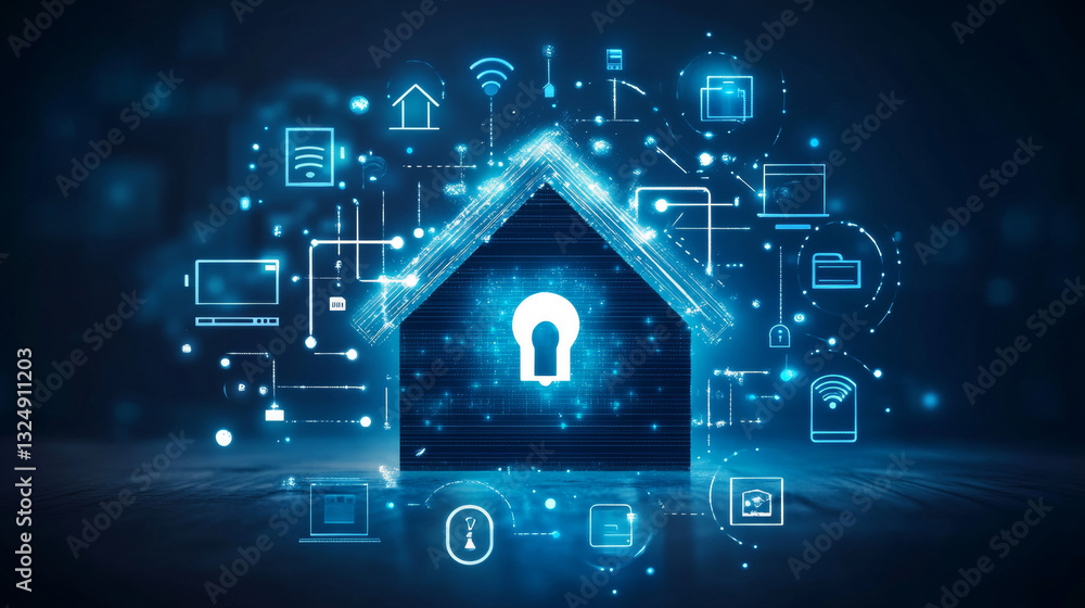 Poster smart home security system concept background. protection software of iot or internet of things. cyb