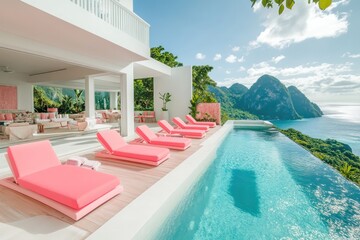 A stunning wide-angle image of an infinity pool with coral pink loungers, offering views of the sparkling sea and lush tropical mountains