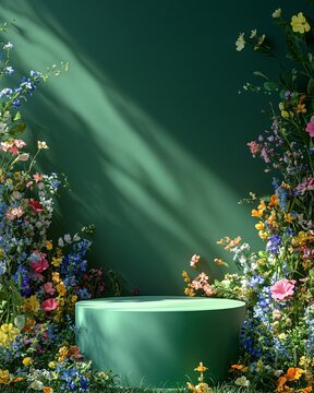 display podium with spring flowers on wall