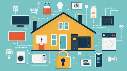Silhouette smart home with icons of household appliances. A gold closed lock icon. The Internet of things (iot). Security system. VECTOR