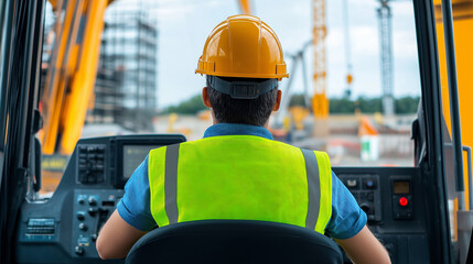 A construction worker operating heavy machinery from inside a vehicle, wearing a high-visibility vest and hard hat.