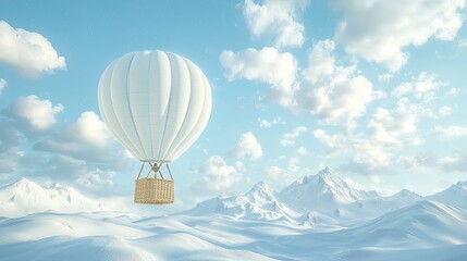 White hot air balloon soars above snow covered mountain range