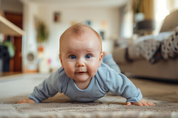 A charming baby with striking blue eyes is captured during tummy time on a plush rug in a cozy home. The infant's determined expression adds to the endearing scene.