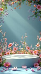 display podium with spring flowers on wall