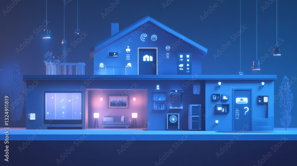 Poster smart home technology conceptual banner. building consists digits and connected with icons of domest