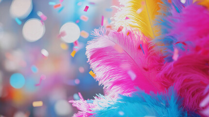 Obraz premium Bright pink and orange feathers with flying confetti against a blue sky, evoking a festive and joyful celebration.