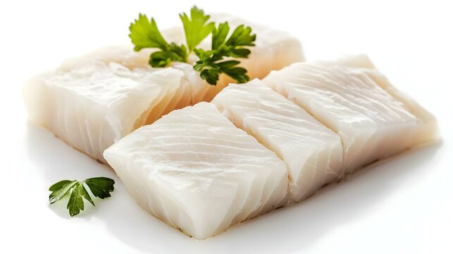 Raw cod loin pieces on white background