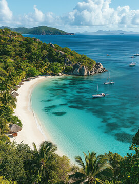 Crystal-clear turquoise waters meet white sandy beaches in this tropical paradise. Ideal for travel blogs, vacation ads, and exotic getaway promotions