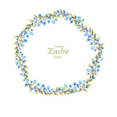 background for Easter Holiday card with circle frame made of willow twigs branches 