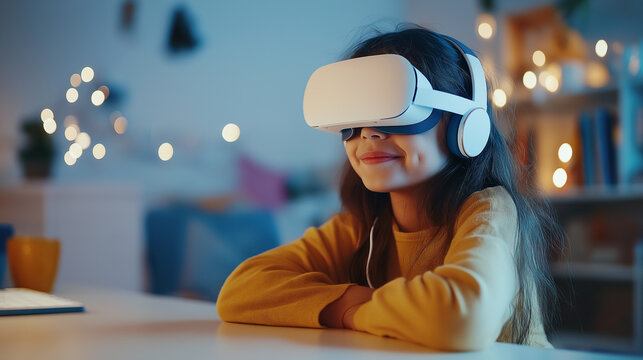 A young girl wearing a VR headset and headphones, immersed in virtual reality at home with warm ambient lighting.
