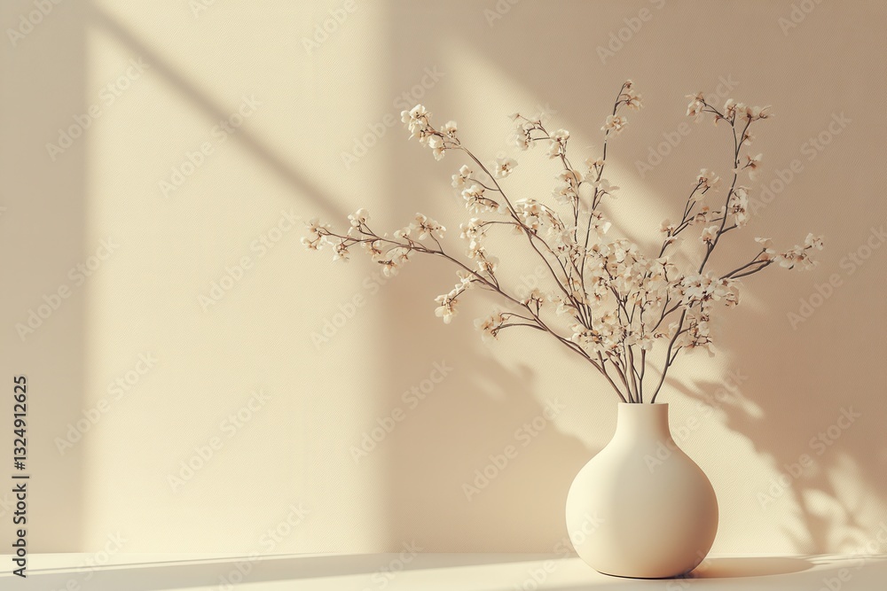 Poster elegant vase with delicate flowers casting soft shadows in a serene space during afternoon light
