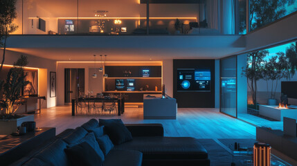 Fototapeta premium Smart home system. Internet of things concept. Header or banner with logo automation device house. Smart Technology background.