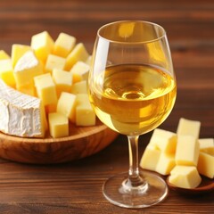 A glass of white wine paired with assorted cheese cubes.