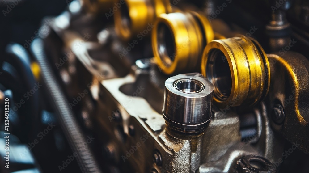 Poster close-up of a precision-engineered piston and cylinder inside a high-performance engine.