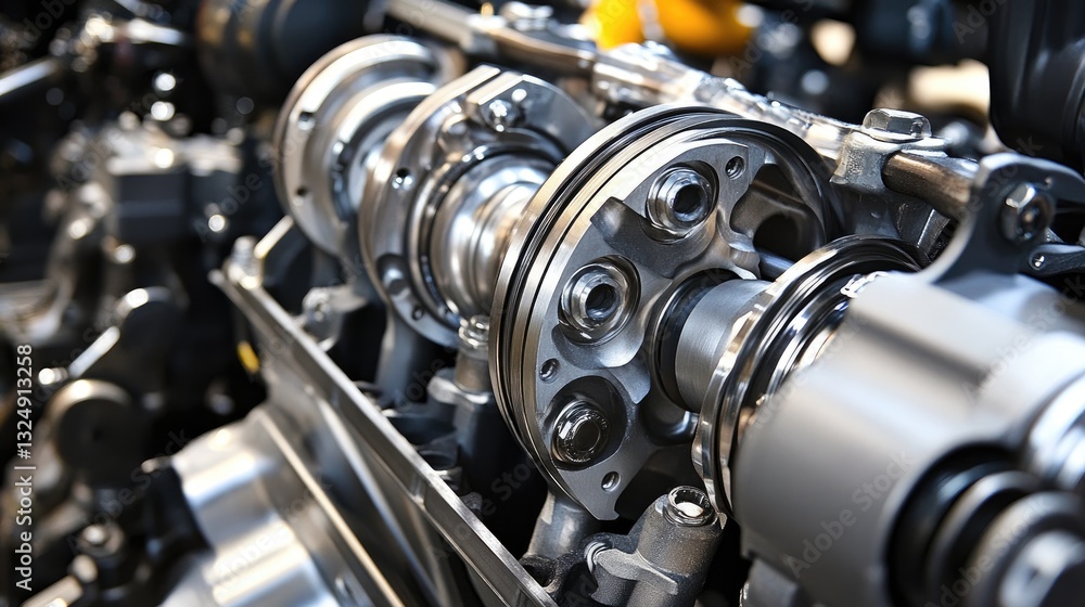 Poster close-up of a precision-engineered piston and cylinder inside a high-performance engine.