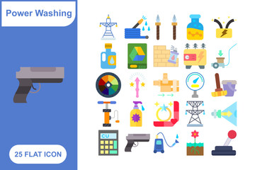 Power Washing Flat Icons Set, Collection of 25 Power Washing Flat Icons Set - 25 Vector Icons for Cleaning, Pressure Washing, Home Improvement, and Maintenance Design