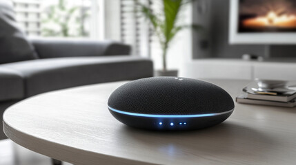 Smart speaker on the table. Smart column with voice control executes the voice command and controls the Internet of things. 