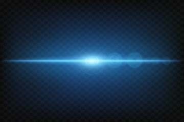 Horizontal blue neon light.Laser beams.Flare and bokeh effect.EPS 10 vector.