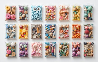 Fototapeta premium Assorted Craft Supplies in Clear Bags Variety of Colorful Small Items