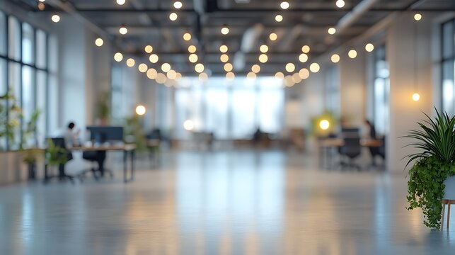 Modern Open-Plan Office with Wooden Desks and Laptops, Modern open-plan office with wooden desks, laptops, and blurred background