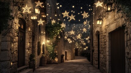 Fototapeta premium Enchanted Nighttime Alleyway with Lanterns and Twinkling Stars