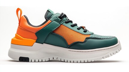 Designer sneaker with bold asymmetric colors: emerald green and bright orange, sharp details