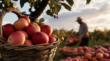 A farmer gathers ripe apples in a sunlit orchard, capturing the essence of harvest and nature’s abundance.