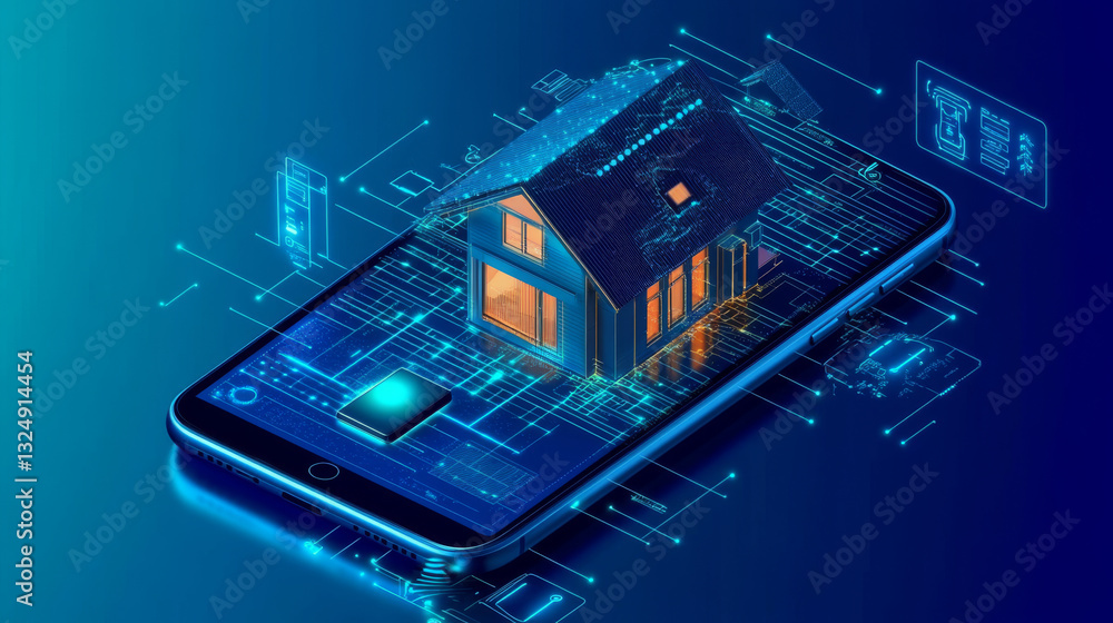 Poster smart home controlled smartphone. internet of things technology of home automation system. small hou