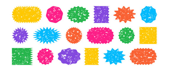 Sticker shape starburst, stamp crayon wave edge, star burst label colorful chalk, sale price tag icon, sun grunge badge, discount sketch curve set. Watercolor zigzag banner. Vector wax illustration