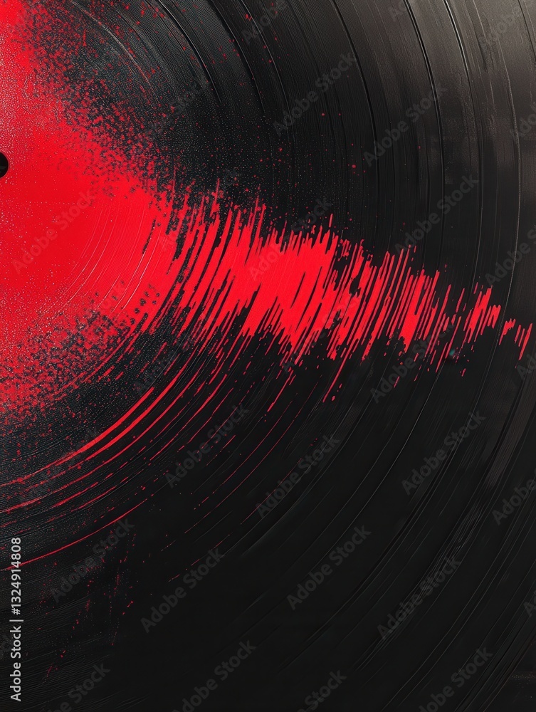 Poster vinyl record texture with soundwave ripples in black and red featuring golden ratio peak and rhythmi