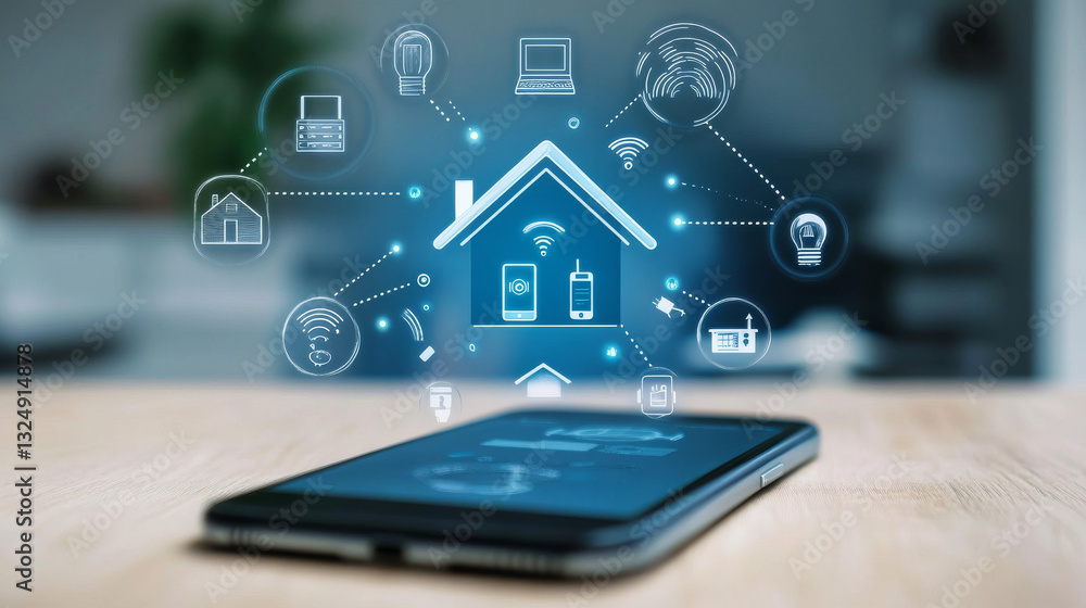 Poster phone controls smart home via internet. internet of things or iot technology of home automation. sma