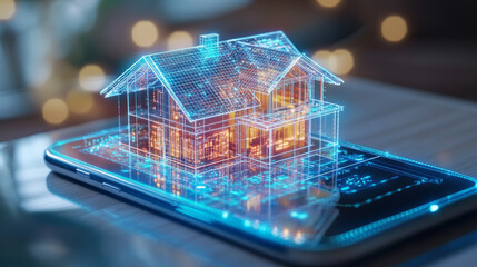 Transparent holographic architecture plan of smart house above smartphone. internet of things technology on mobile devices via wireless web. Iot concept. Project of surveillance and safety estate. © Ruhi