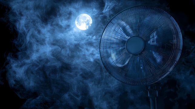 Retro electric fan generates ethereal mist streams against dramatic dark background. mysterious moonlit beam illuminates swirling vapor trails. Moonlit Vapors. Illustration