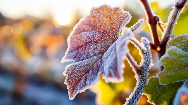 Vineyard leaves covered in morning frost with the sunrise in the background.