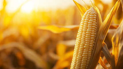 Close-up of a golden corn cob in a sunlit field during harvest season.