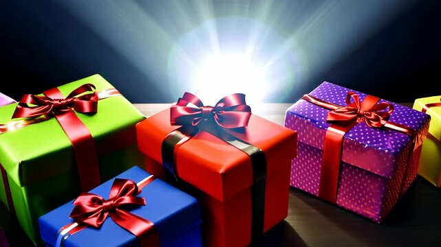 A row of brightly wrapped gifts in various bold colors under spotlight lighting. Each present is uniquely wrapped in a different vibrant hue with matching ribbons, enhancing the festive atmosphere.