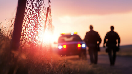 Military personnel patrolling a fenced border area at sunset, with a vehicle approaching in the background.