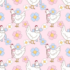 Delightfully Adorable Little Chickens with Colorful Bows and Blossoming Flowers Seamless Pattern