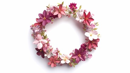 Flower wreath with pink, purple and white flowers on white background