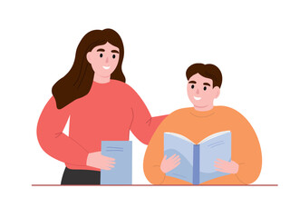 Student and teacher studying. Boy reading a book. Learning process. Vector flat graphics.