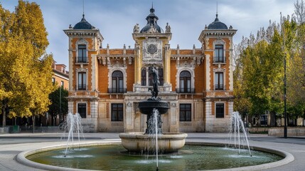 Fototapeta premium Historic Cavalry Academy at Zorilla Square in Valladolid, Spain: A Majestic Fountain in the Heart of the City