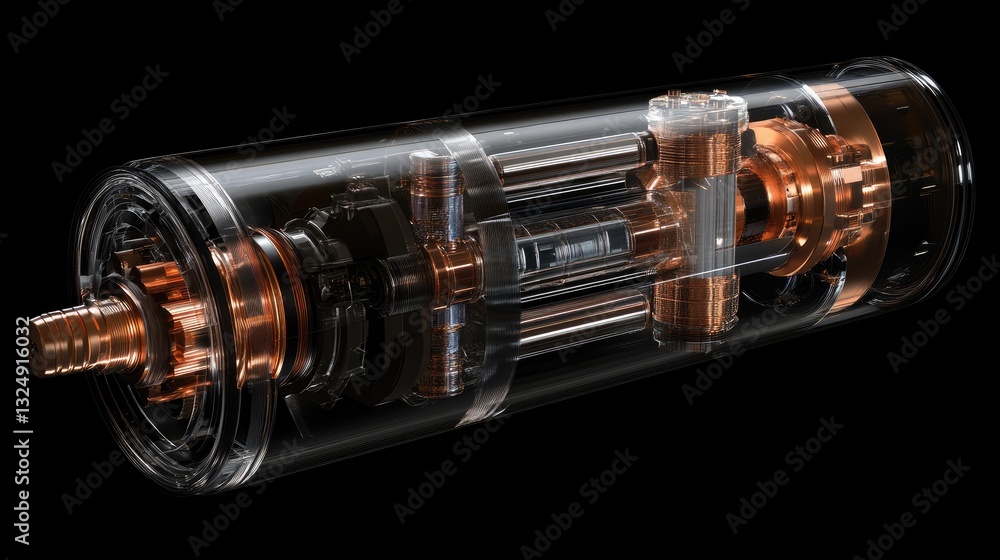 Poster cross-section of a futuristic hydrogen-powered engine with transparent casing.