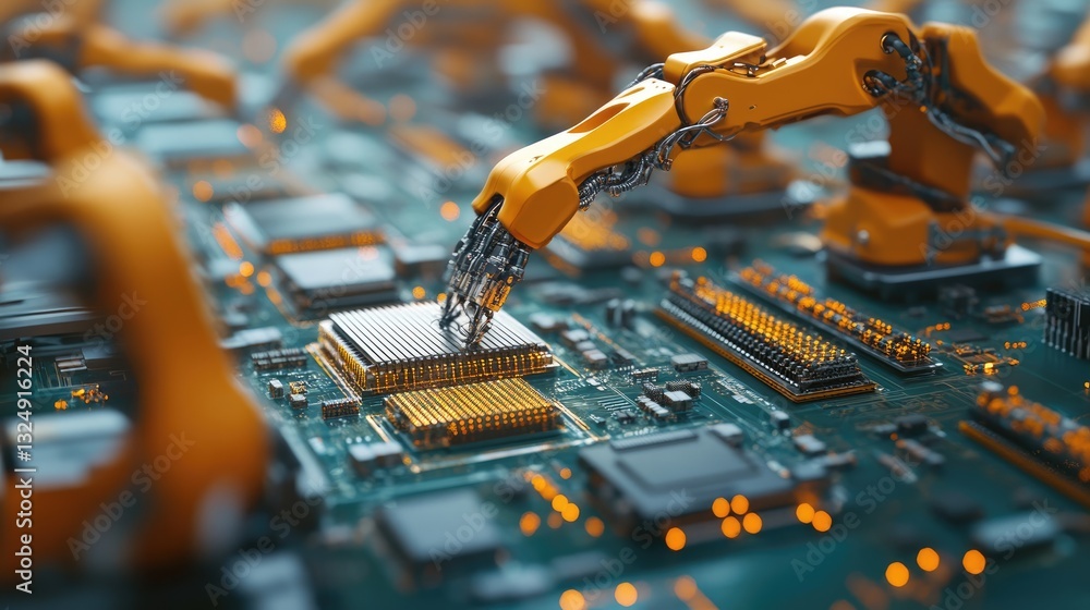 Poster cutting-edge manufacturing facility with automated robotic arms assembling circuit boards.