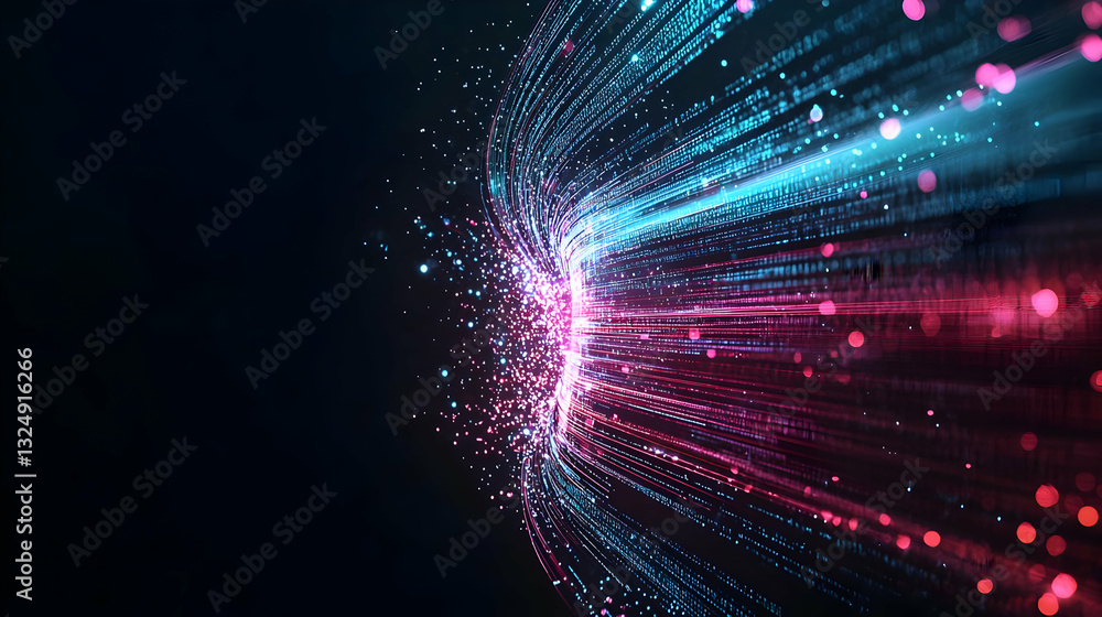 Poster abstract background with futuristic pink and blue particles on a dark background representing big da