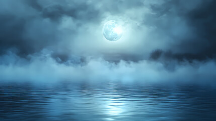 Obraz premium Soft blue vapor drifts across an empty, moonlit lake, cloudy sky, mystical aura. Moonlit Vapors. Illustration