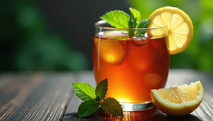 Fototapeta premium Close-up vibrant tea, lemon wedge, mint sprig, macro, relax